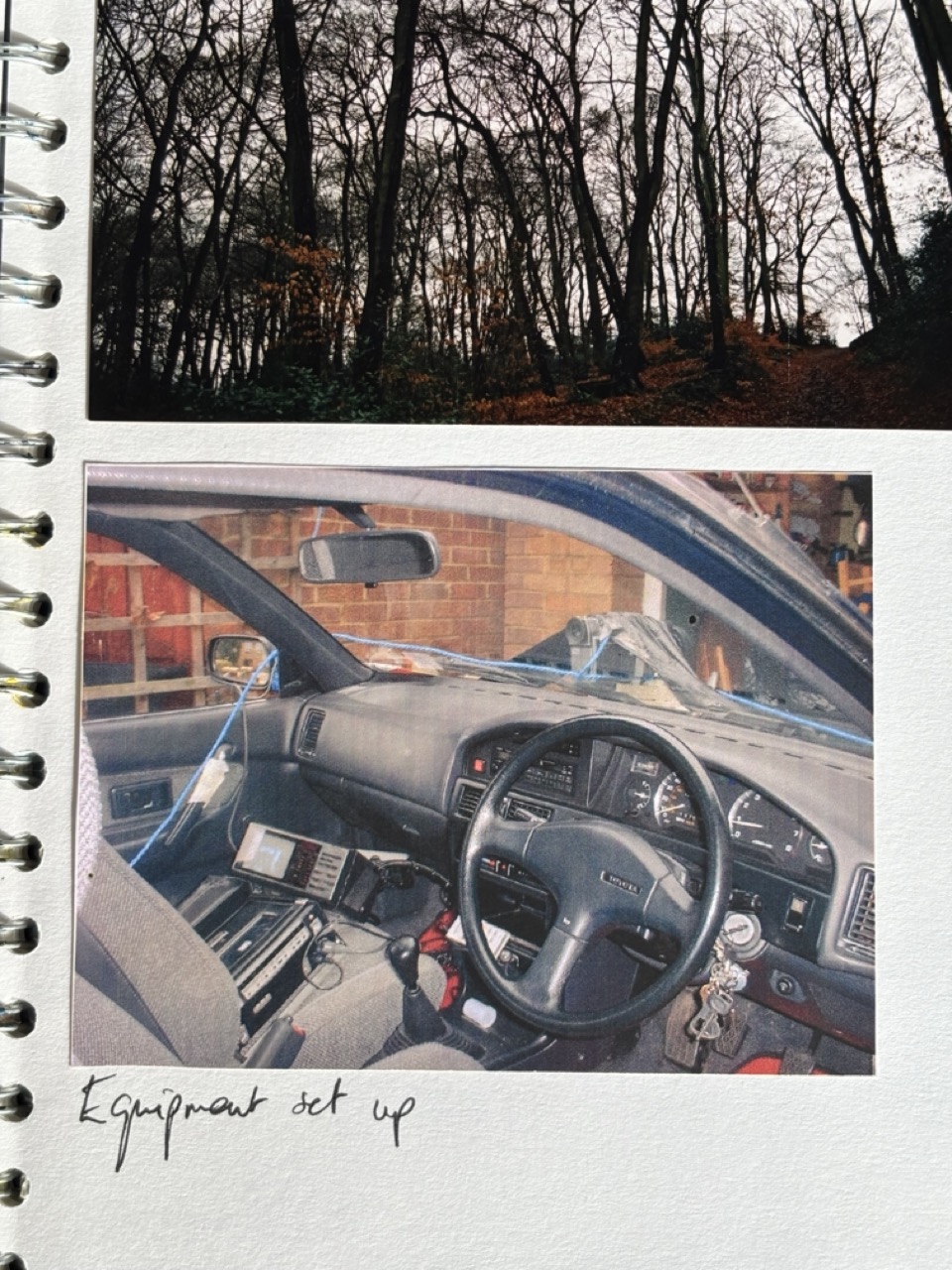 Photographs of woods and interior of a 1987 Toyota Corolla containing portable VHS recording equipment. Handwritten note: Equipment set up